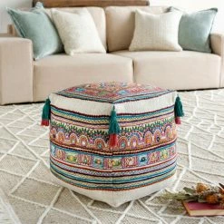 Surya All Stools, Poufs + Side Tables Colorful Embroidered Tassel Pouf